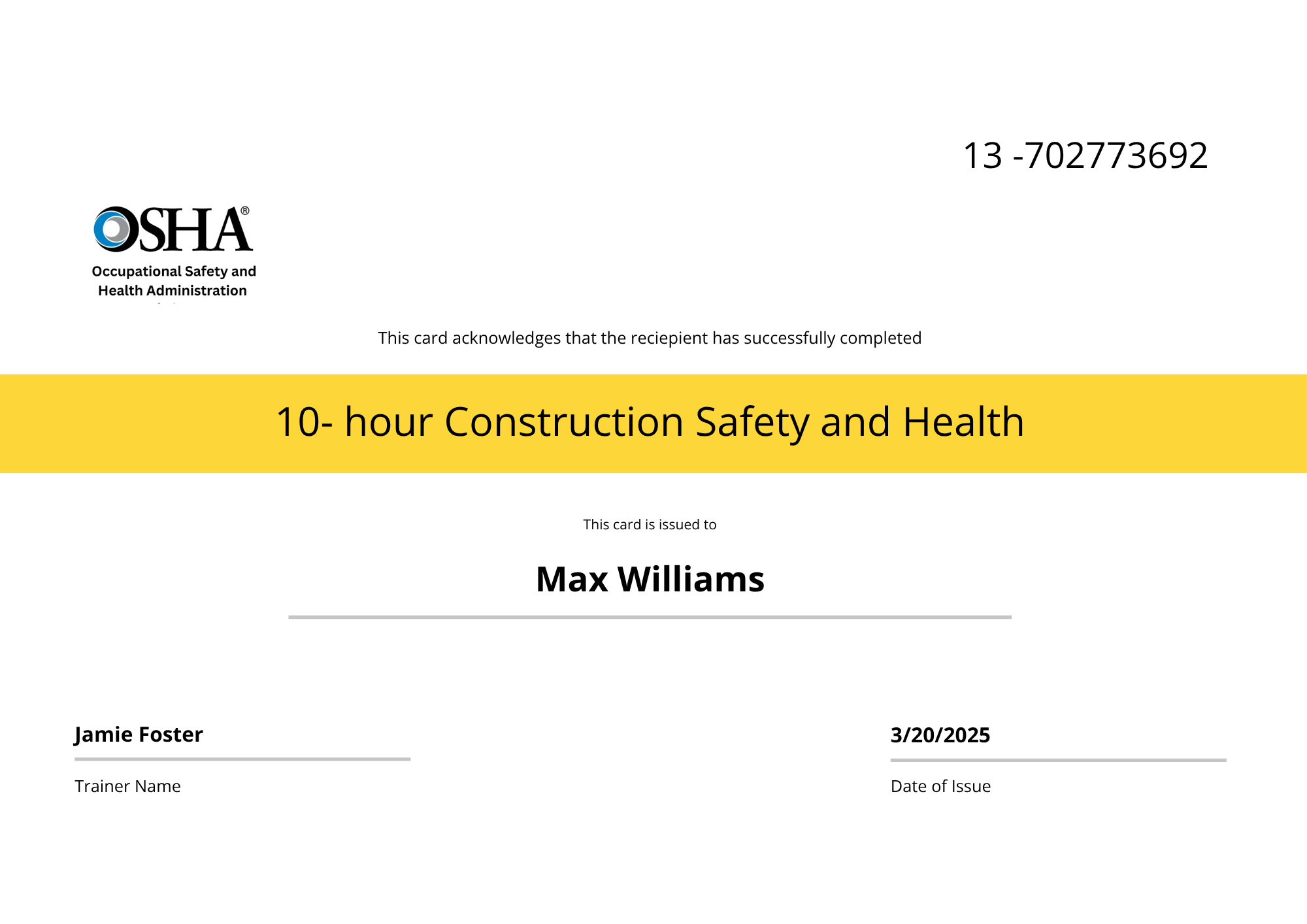 OSHA Certificate Template for Construction Safety and Health